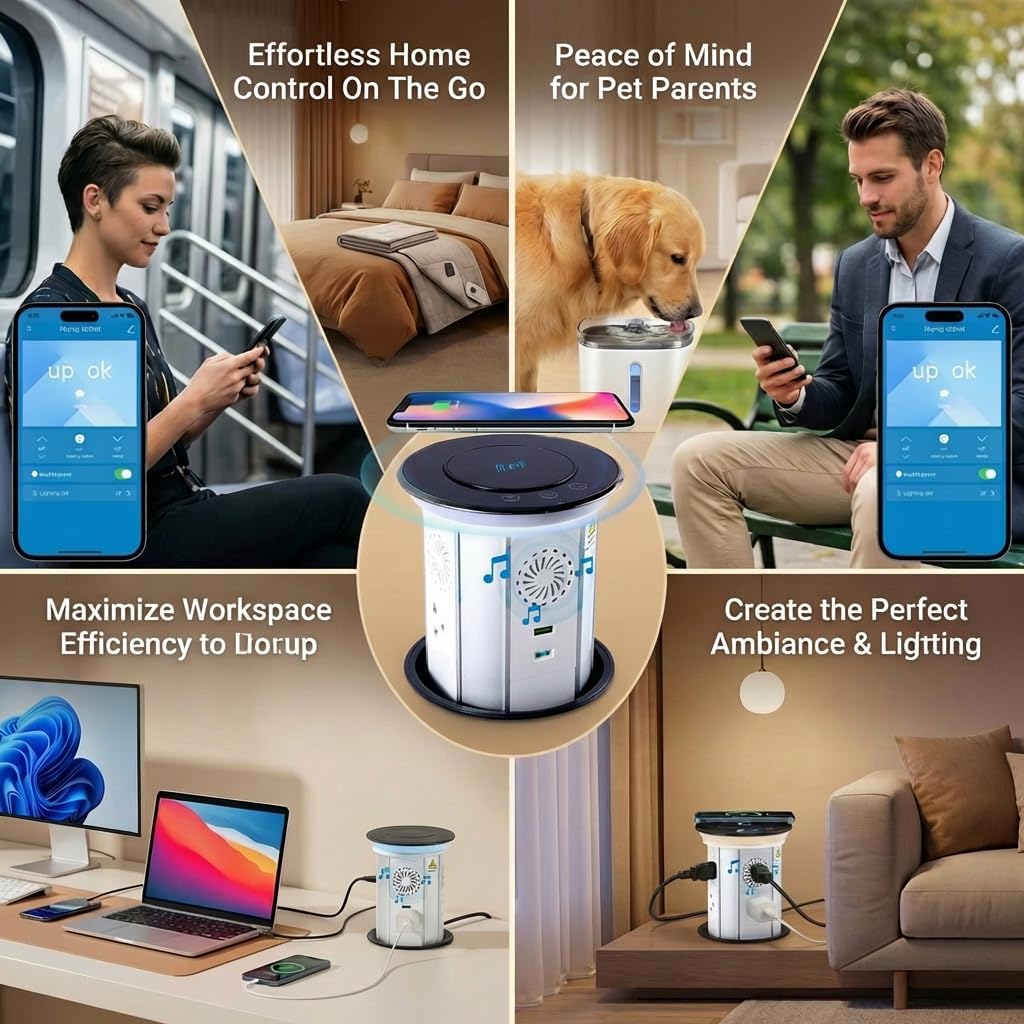 German Technology Motorized Pop Up Outlet for Countertop 15W Wireless Charger, Countertop Electrical Outlet with 3AC Outlets & 2USB Ports(20W PD),APP Remote Control and Speaker,Free 4.92 inch Hole Saw