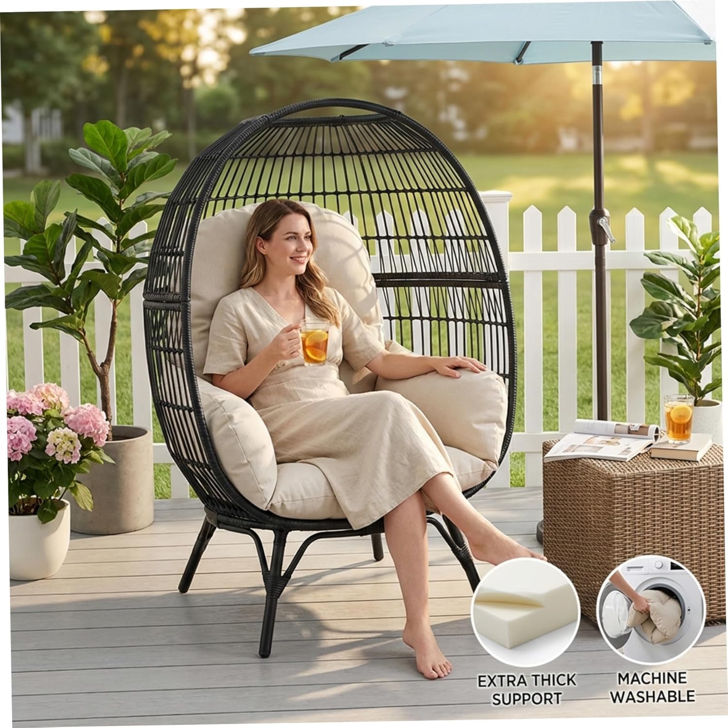 Cojín colgante para silla mecedora para exterior: moderno columpio colgante cojín de poliéster suave resistente al agua cojín de repuesto para jardín con reposacabezas para columpio colgante (1 beige)