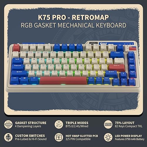 Miniatura 2 de Teclado mecánico K75 PRO RGB 75% de junta inalámbrica, triple modo BT 5.02.4GUSB-C 82 teclas teclado para juegos intercambiable en caliente con