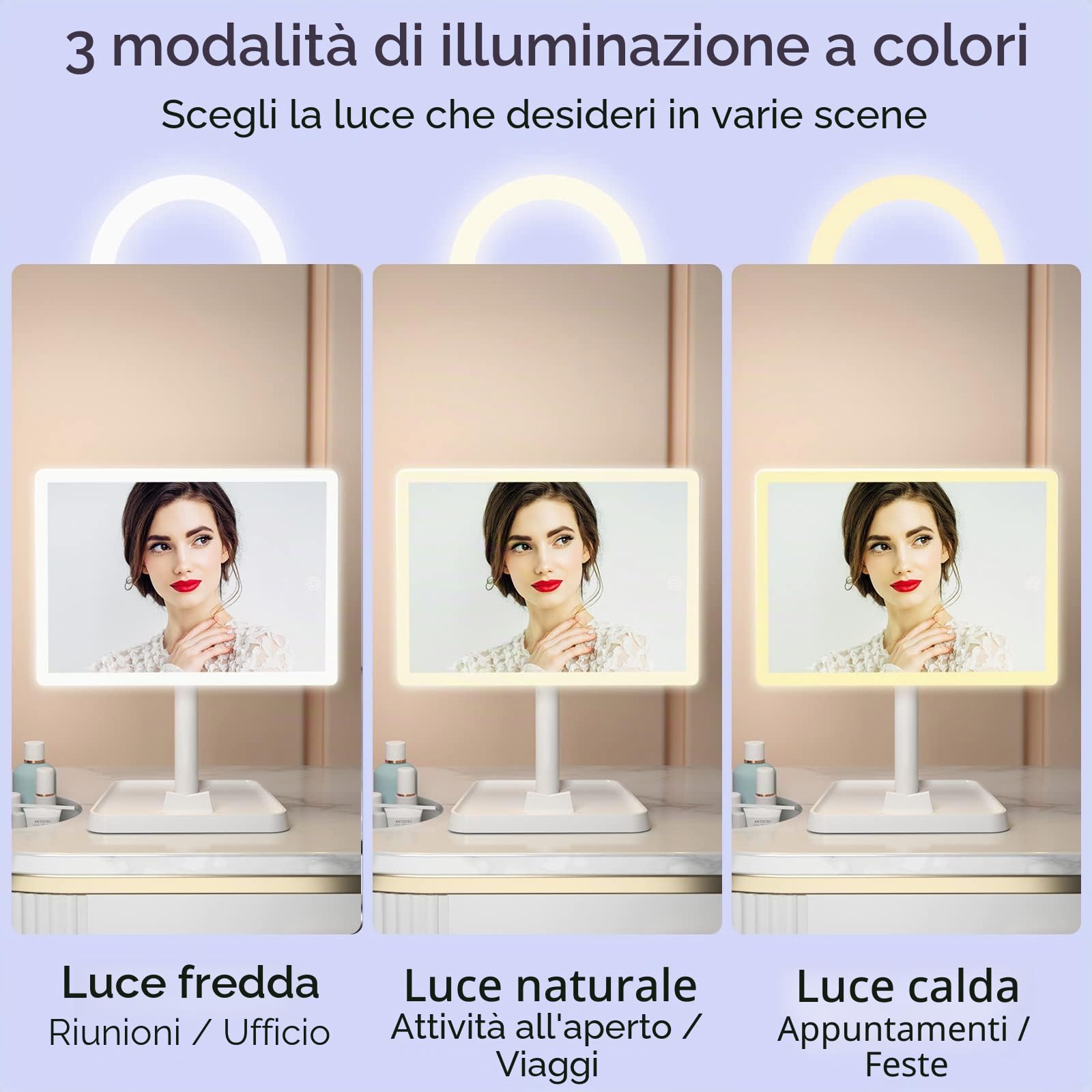 Specchio cosmetico ricaricabile con luci, 96 LED illuminato specchio cosmetico con supporto per telefono e specchio ingranditore 10x, illuminazione a 3 colori, specchio cosmetico illuminato con