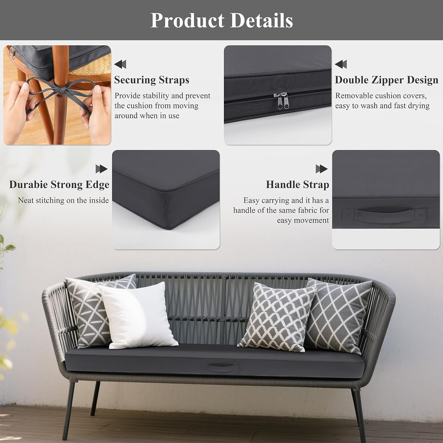 SHACOS Outdoor Bench Cushion 48 x 18 Inch Memory Foam Cushion Waterproof Fade Resistant Patio Furniture Cushions with Handle for Sofa and Chair, Dark Gray