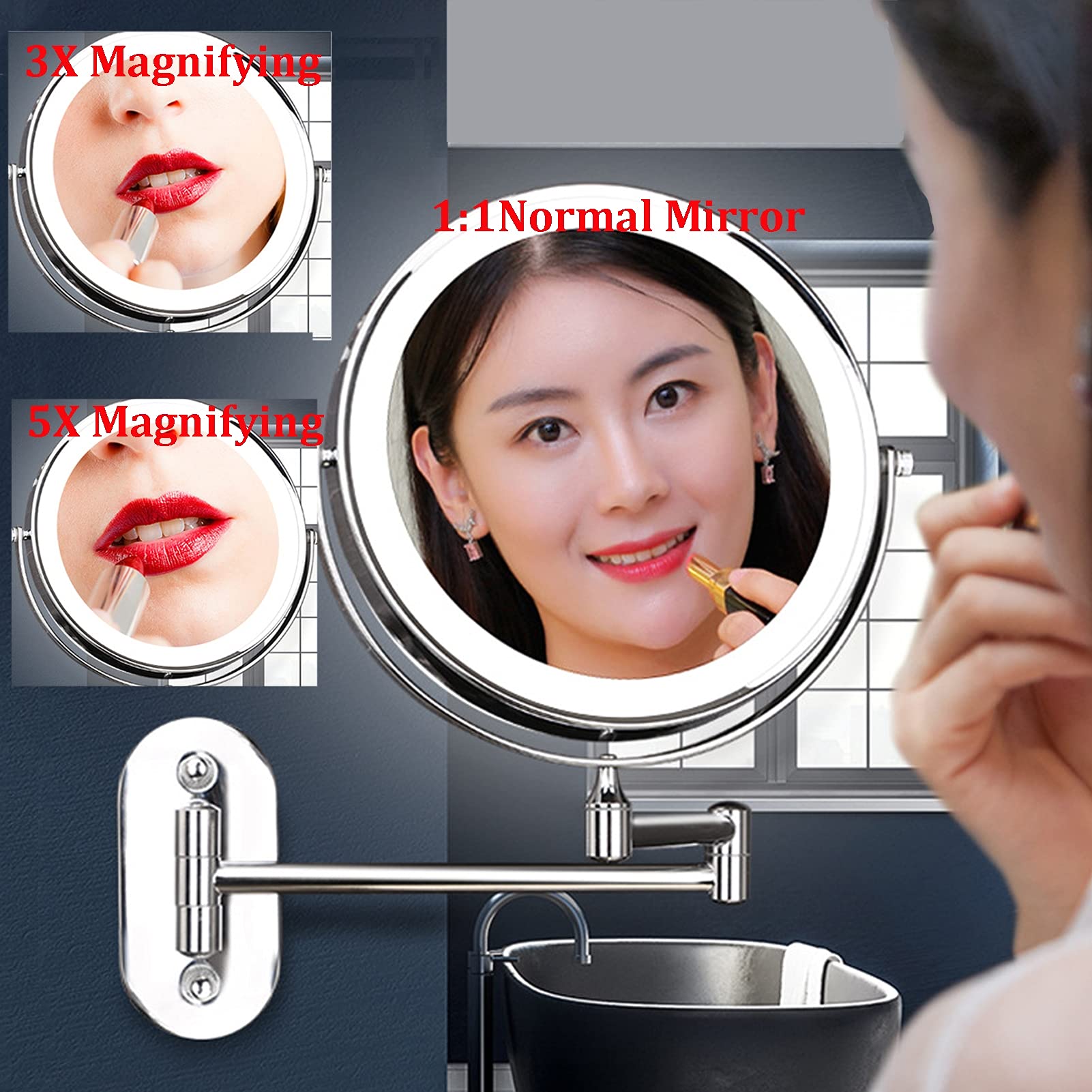 Espejo De Maquillaje Montado En La Pared con Luz,USB Recargable Espejo de Tocador de Pared con LED,Espejo de Aumento 360 Giratorio, Perfecto como Regalo para Mujeres y Niñas,3X Magnifying