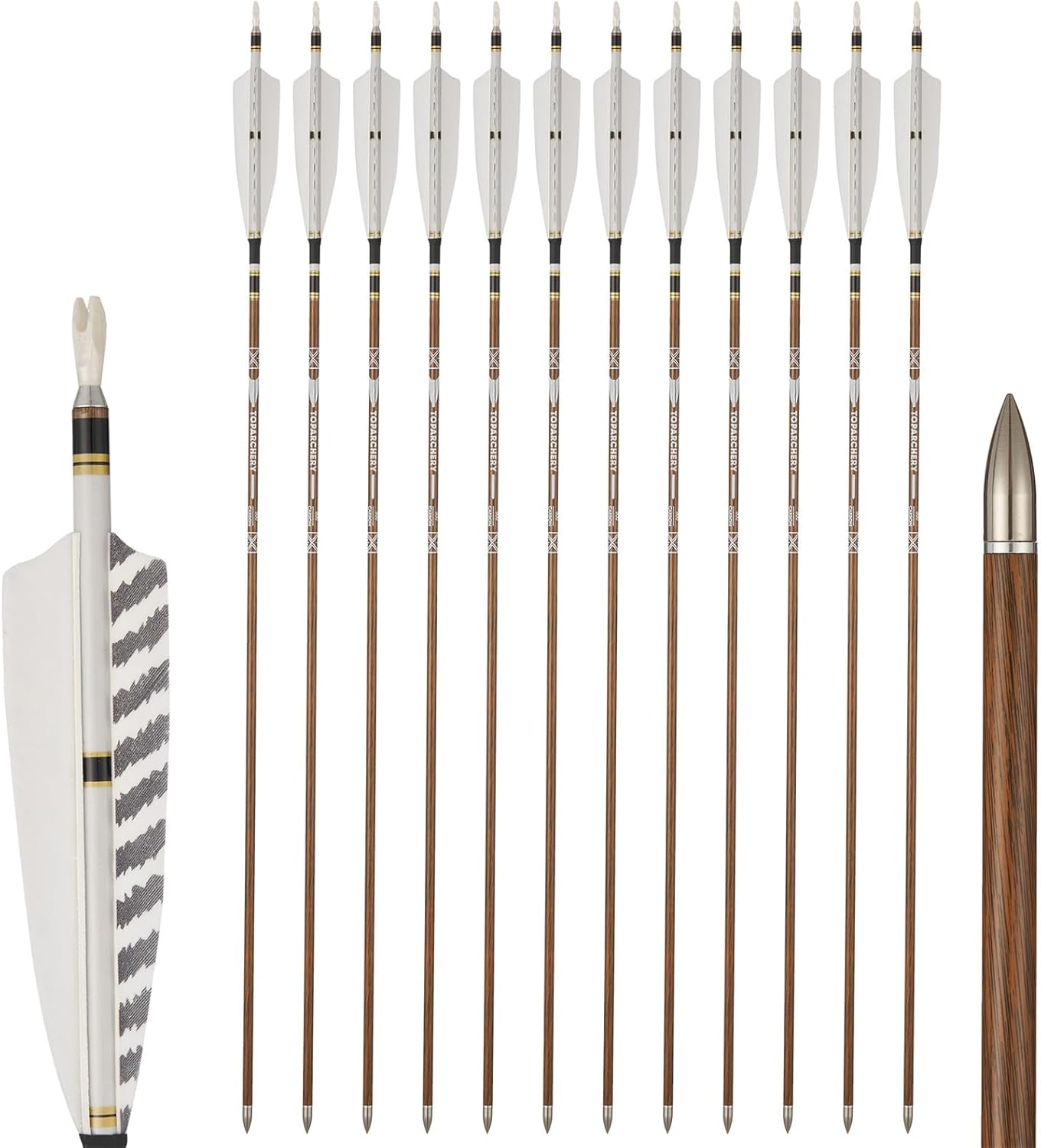 TOPARCHERY 31" Pure Carbon Hunting Arrows with 5" Real Turkey Feathers Fletching and Removable Tips - 300/350/400/500/600 Spine for Compound & Recurve Bow 12 PCS