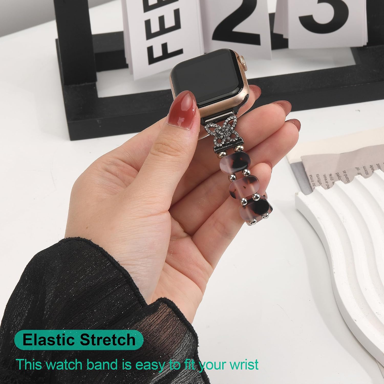 Resin Elastic Band Compatible with Apple Watch Series 11/10/9/8/7/SE/6/5/4/3/2/1 Ultra 2/1, Fashion Tortoise Shell Bracelet Wristband Strap for iWatch Series for 38mm 40mm 41mm 42mm 44mm 45mm 46mm 49mm Women image 5
