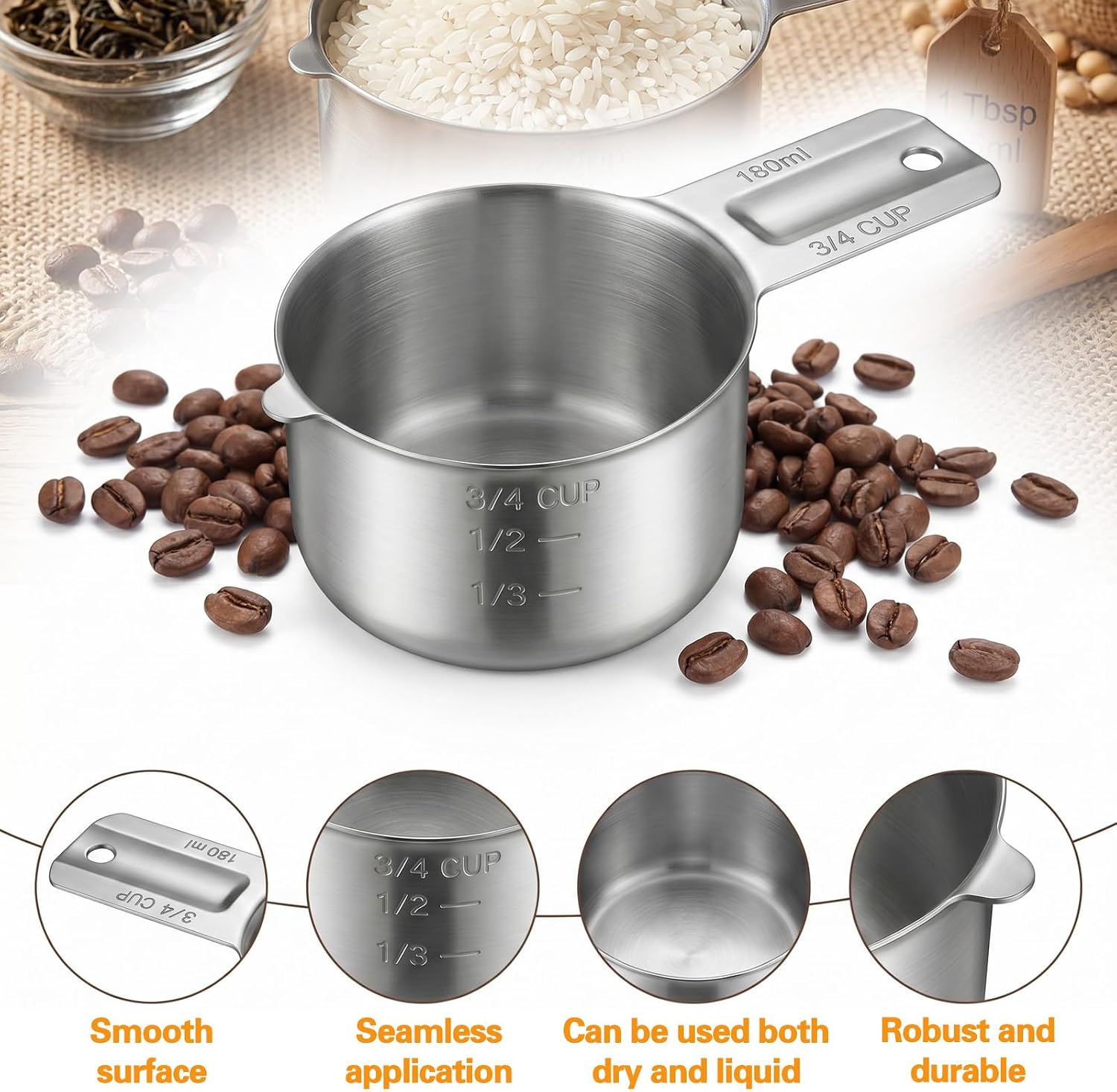 3/4 Measuring Cup Rice Measuring Cup 180 Ml | 6 Oz| 180 Cc 3/4 Cups Stainless Steel Metal Measuring-Cup Kitchen Gadgets for Cooking Single Cups for Wet and Dry Ingredients for Use as Dog Food Scoop