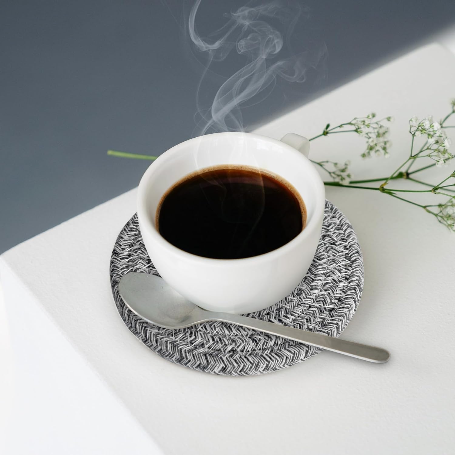 ABenkle 8 Pcs Drink Coasters with Holder, Cotton Woven Absorbent Coasters for Drinks, Minimalist Home Decor Coaster Set for Wooden Tabletop Protection Table, 4.3 inches Mied Gray - Image 4