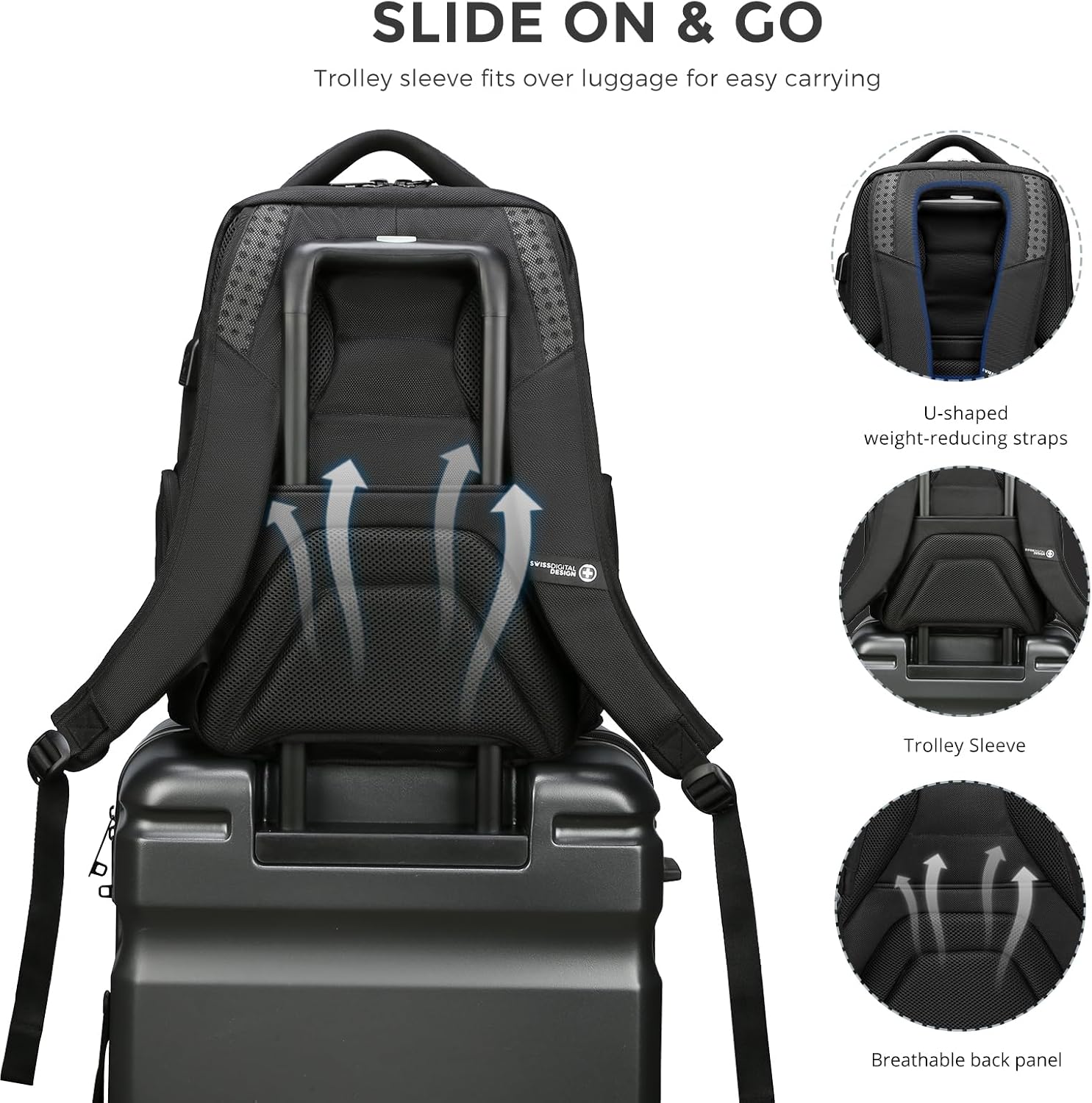 Swissdigital Design Men's Laptop Backpack for College and Business Travel with Integrated USB Charging Port and RFID Protection Fits Laptops up to 15.6 Inch, Black | SD1695-01 - Image 8