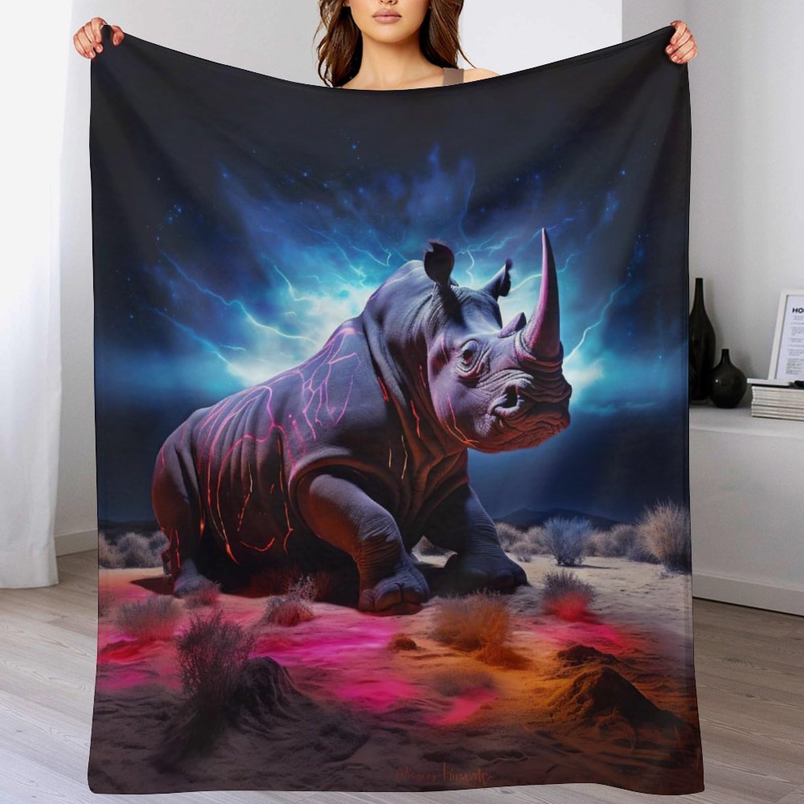 Couverture polaire rhinocéros contre le froid, plaid flannel léger pour canapé et lit 130x150