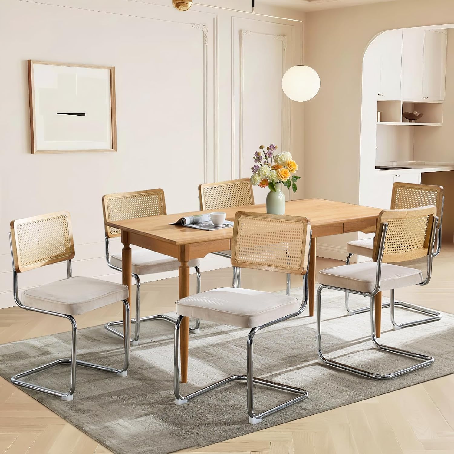 SoarFlash Velvet Dining Chair Set of 4 Modern Upholstered Kitchen Chair with Natural Cane Back, Stainless Chrome Base for Dining Room, Club(Green)