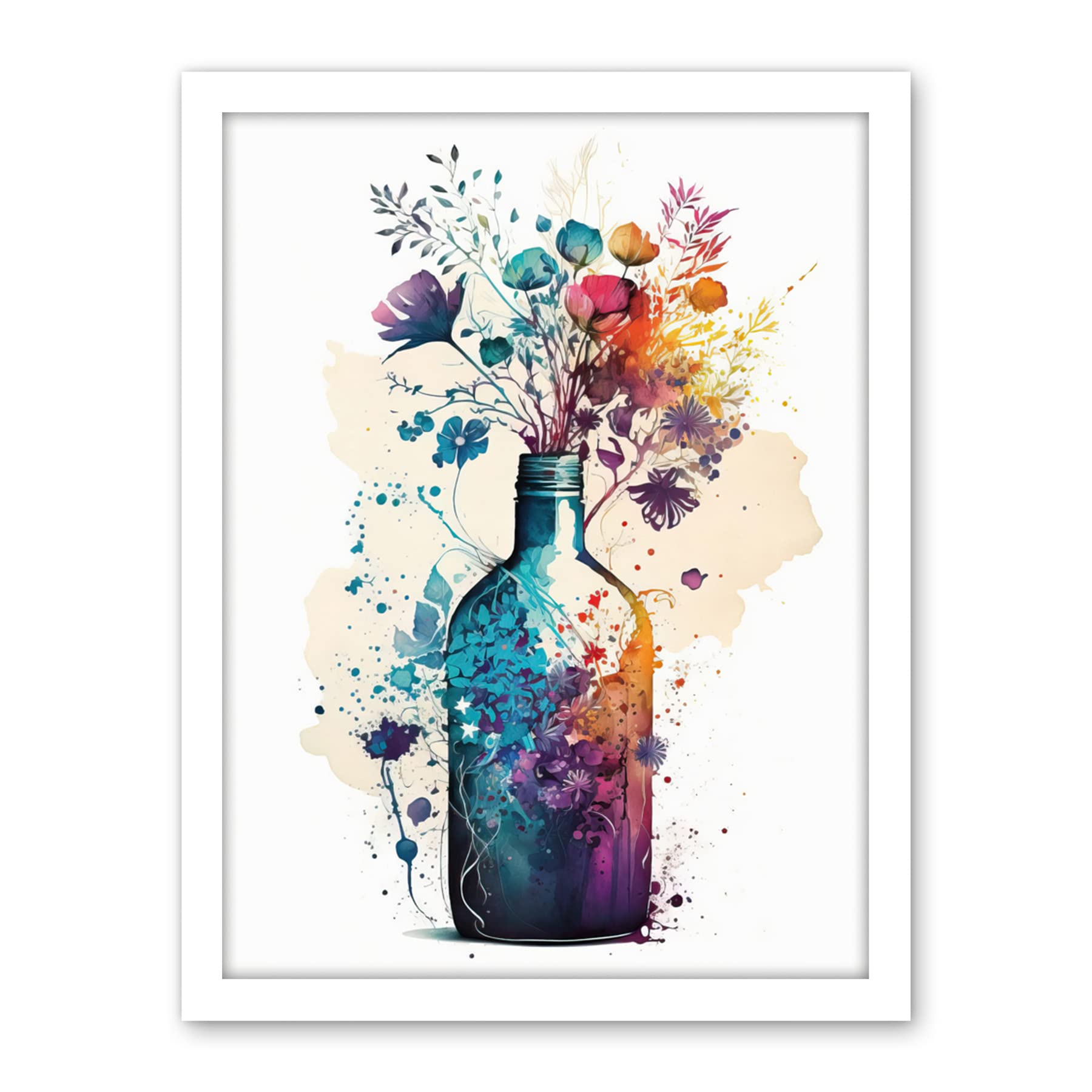 Artery8 Wildflower Spring Bouquet in Glass Wine Bottle Artwork Framed Wall Art Print 18X24 Inch