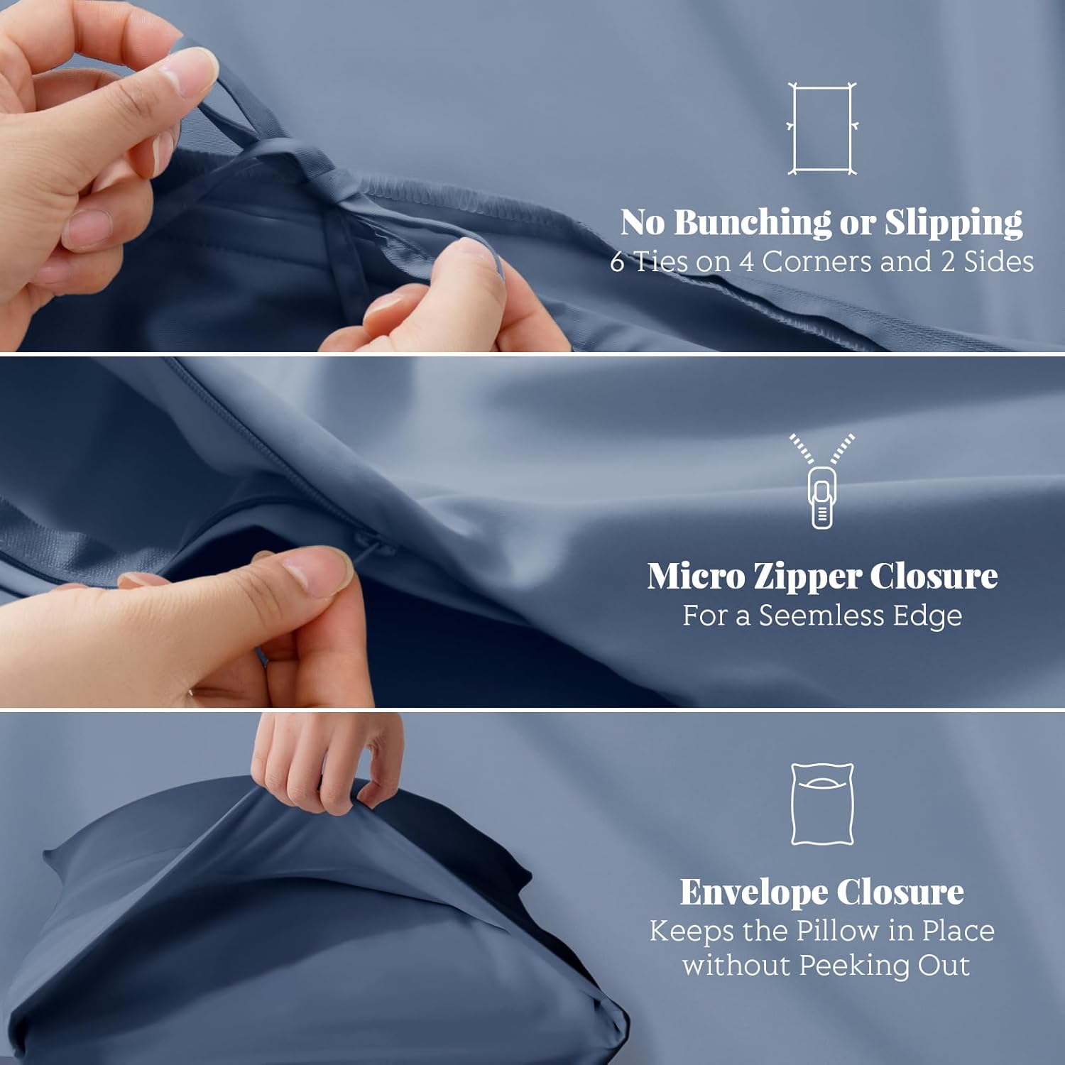 Tencel Duvet Cover Set, Full/Queen Size Cooling Duvet Cover for Hot Sleepers, 100% Eucalyptus Lyocell, 3 Pieces, 1 Zipper Closure Duvet Cover (90" x 90") and 2 Pillowcases (20" x 30") - Navy - Image 6