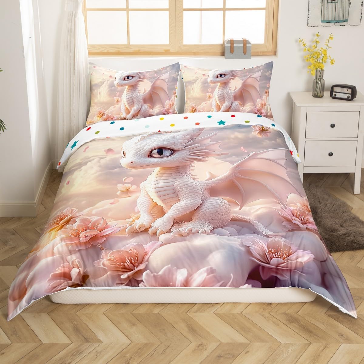 Erosebridal Cartoon Animal Duvet Cover Dreamy White Dragon Bedding Set Magical Wildlife Comforter Cover Toddler Size for Kids Boys Girls Room Decor,Pink Flowers Cute Animal Bed Set