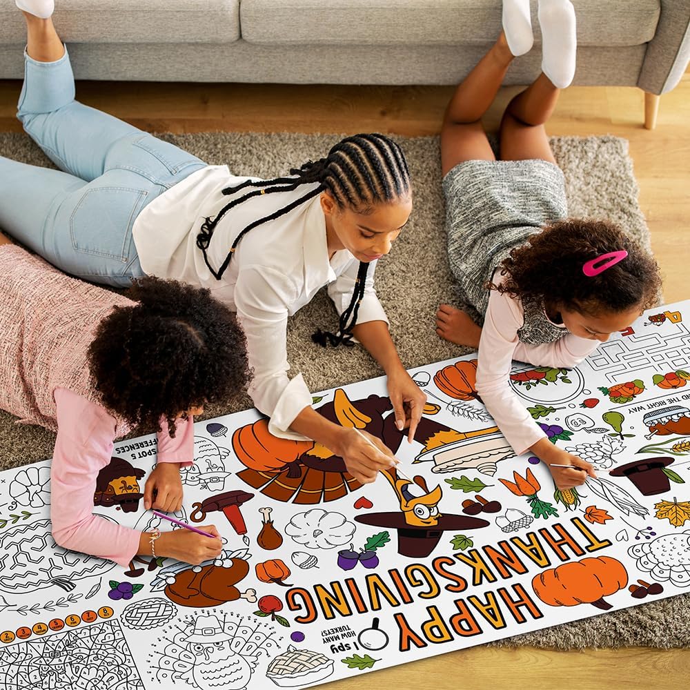 Thanksgiving Tablecloth Decorations, Essentials Thanksgiving Crafts for Kids, Turkey Themed Coloring Poster Games Activities Gifts Banner Table Cover for Fall Children Family School Party Decor