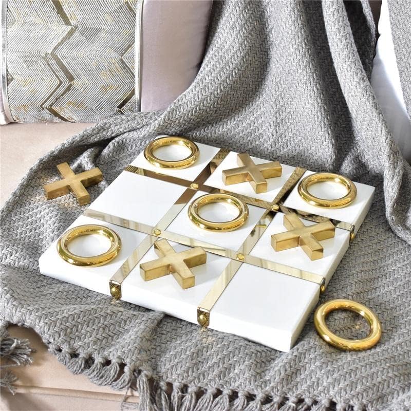 LuxLand Home Modern Tic Tac Toe for Home Decoration, Gold and White Hand Crafted with White Wood and Gold Color Stainless Steel, Decorative Tic Tac Toe, Table Top Decoration, X/O Board White Wooden