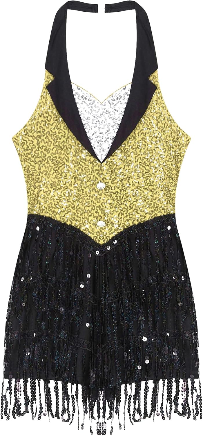 Linjinx Women's Shiny Sequins Fringe Jumpsuit Halter Tassel Leotard Tuxedo Bodysuit Latin Jazz Ballroom Costume