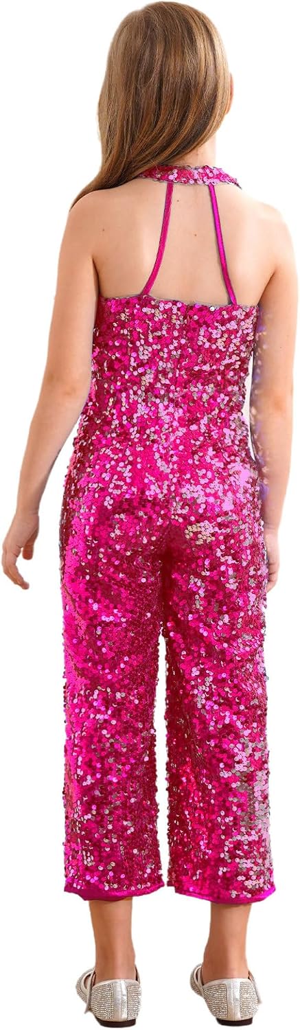 DINORMIN Kids Girls Fashion Halter Neck Sequins Gowns Romper Jumpsuit Formal Suit Dance Prom Outfit