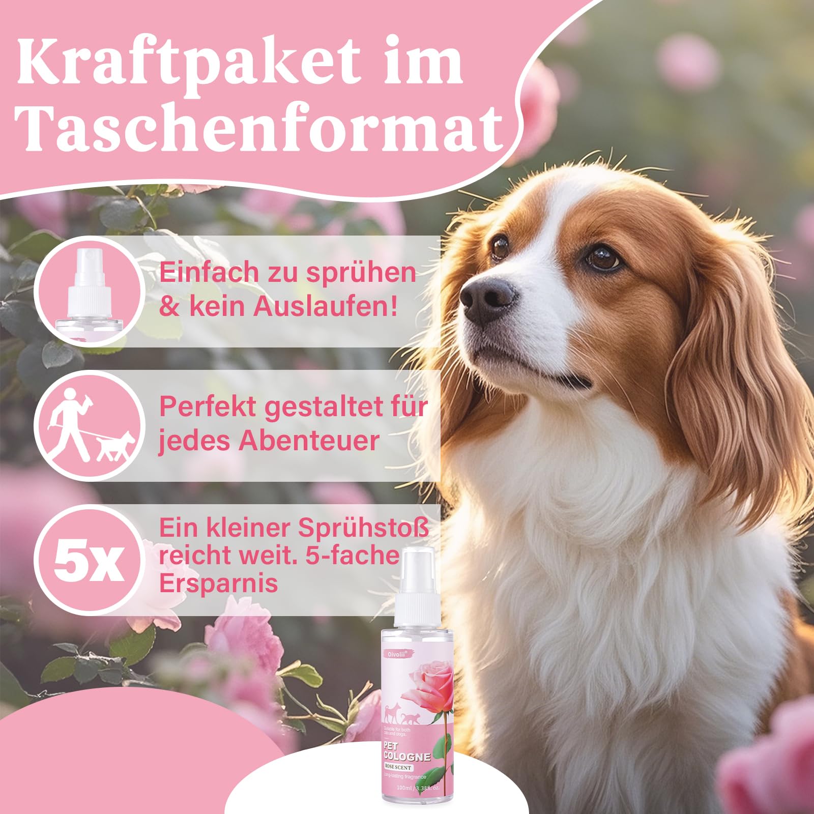 Naturalna woda kolońska dla zwierząt domowych, perfumy dla psów i kotów – spray do pielęgnacji premium o długotrwałym zapachu róż, dezodoryzujący, pielęgnujący i usuwa zapachy, do wszystkich rodzajów