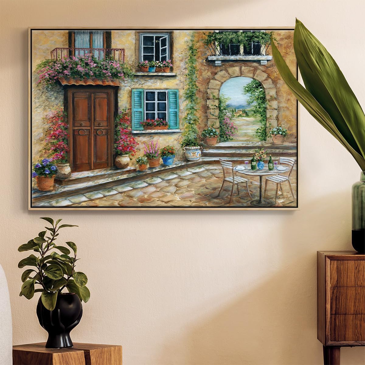 Renditions Gallery Canvas Wall Decor Floater Framed Paintings & Prints Romantic Tuscan Courtyard Wall Hanging Artwork for Living Room Office Hotel - 25"X37" Natural Frame - GAL002