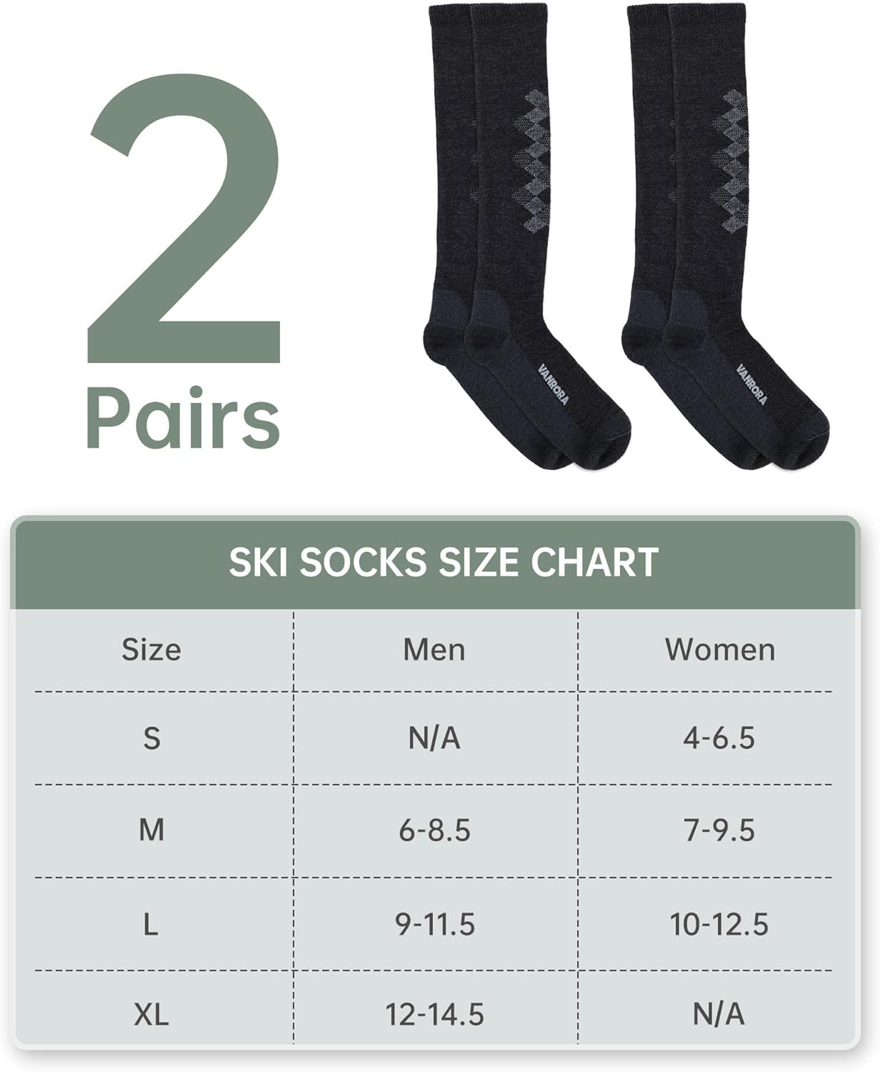 VANRORA 2-Pair Merino Wool Ski Socks Made in USA Lightweight Snowboard Socks for Men & Women (Keystone)