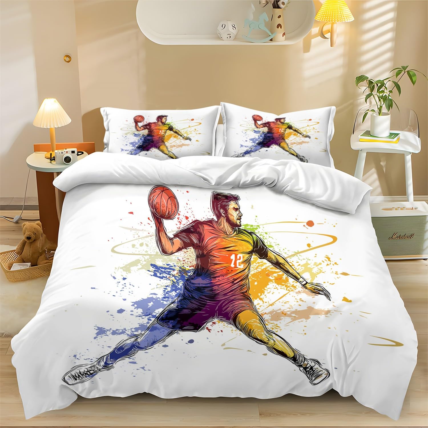 Parure de lit handball 140x200 cm avec 2 taies d'oreiller microfibre motif joueur aquarelle blanc