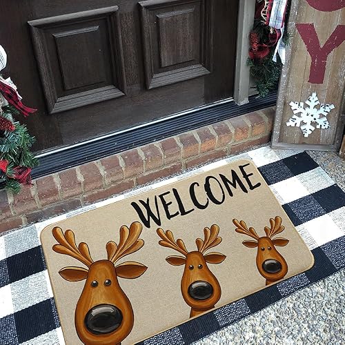Miniatura 4 de Tapete de bienvenida con ciervos de Navidad, 17 x 29 pulgadas, tapete decorativo de invierno de temporada, antideslizante y lavable, para interiores