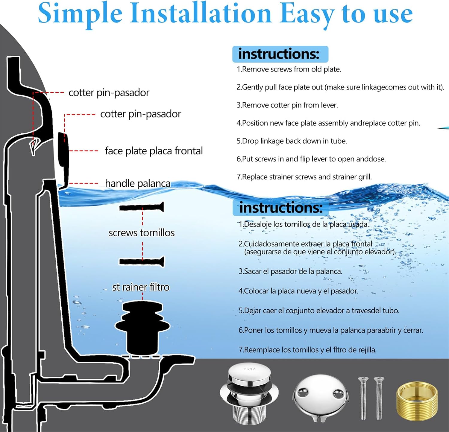 Tip Toe Bathtub Drain Conversion Kit Assembly, Tub Drain Plug Trim Set Bath Tub Drain Stopper with Two-Hole Overflow Faceplate (Chrome Plated)