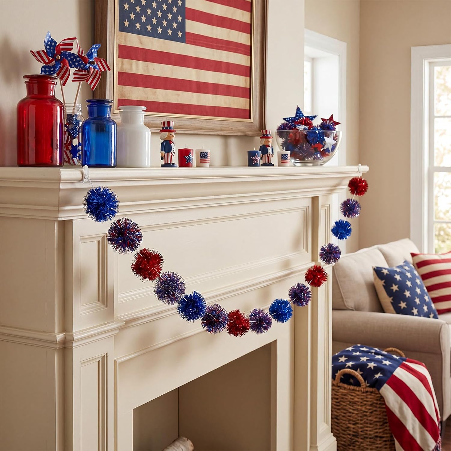Suncalla 2 Pcs 4th of July Garland Decorations for Mantel 6 ft Patriotic Tinsel Pom Pom Garland 6 Inches Red White Blue Tinsel Glitter Ball Hanging Decor for Independence Day Mantel Wall Home Decor