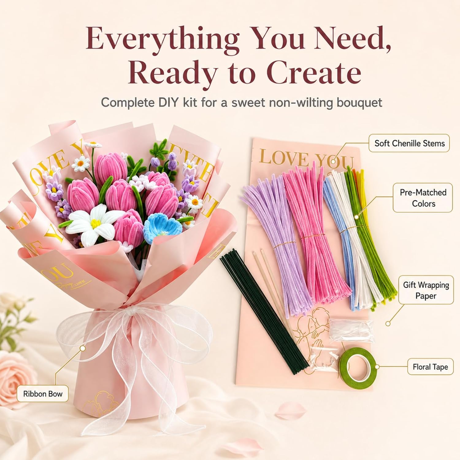 Pipe Cleaner Bouquet Making Kit, DIY Chenille Stem Bouquet Supplies to Create Handmade Pipe Cleaner Tulip, Premium Fuzzy Stick Flower Bouquet Craft Set for Home Decor & Gift Making（No Glue Gun）