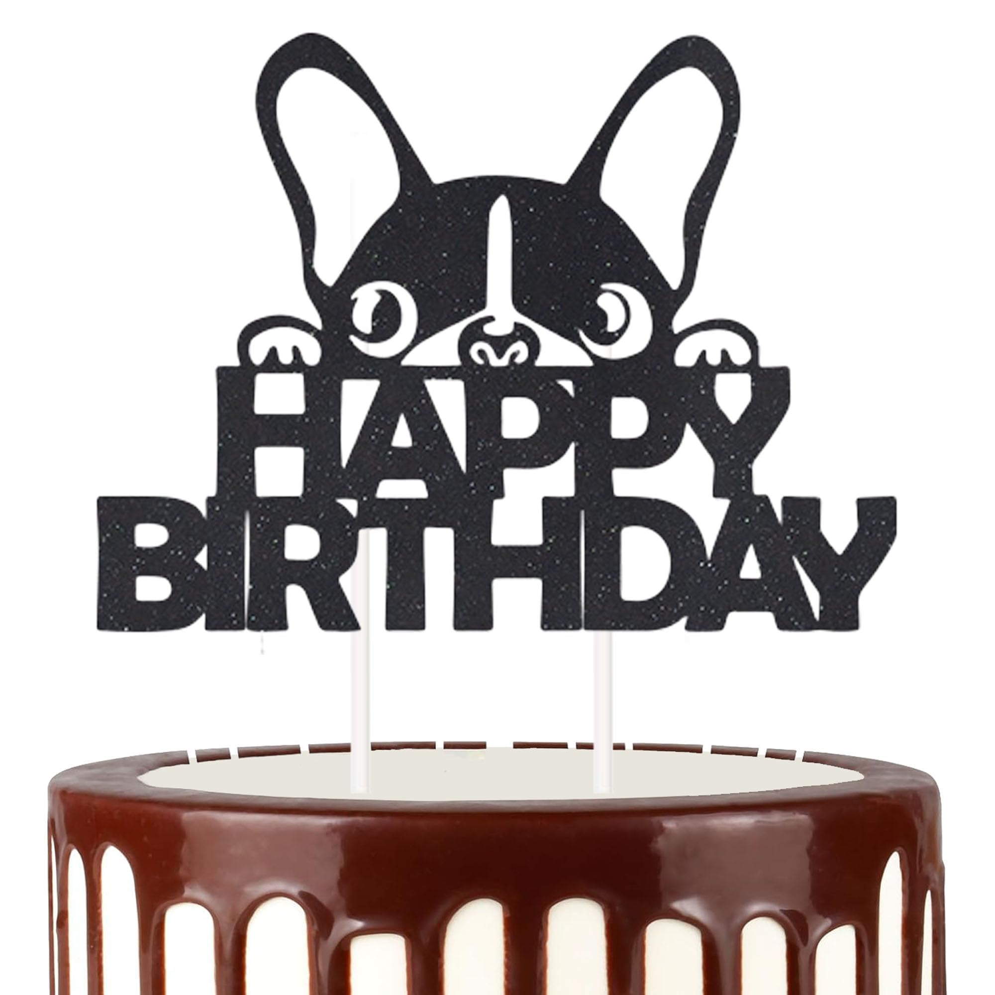 Black Glitter French Bulldog Happy Birthday Cake Topper Dog Birthday Cake Decor & Party Decorations for Bulldog Parties