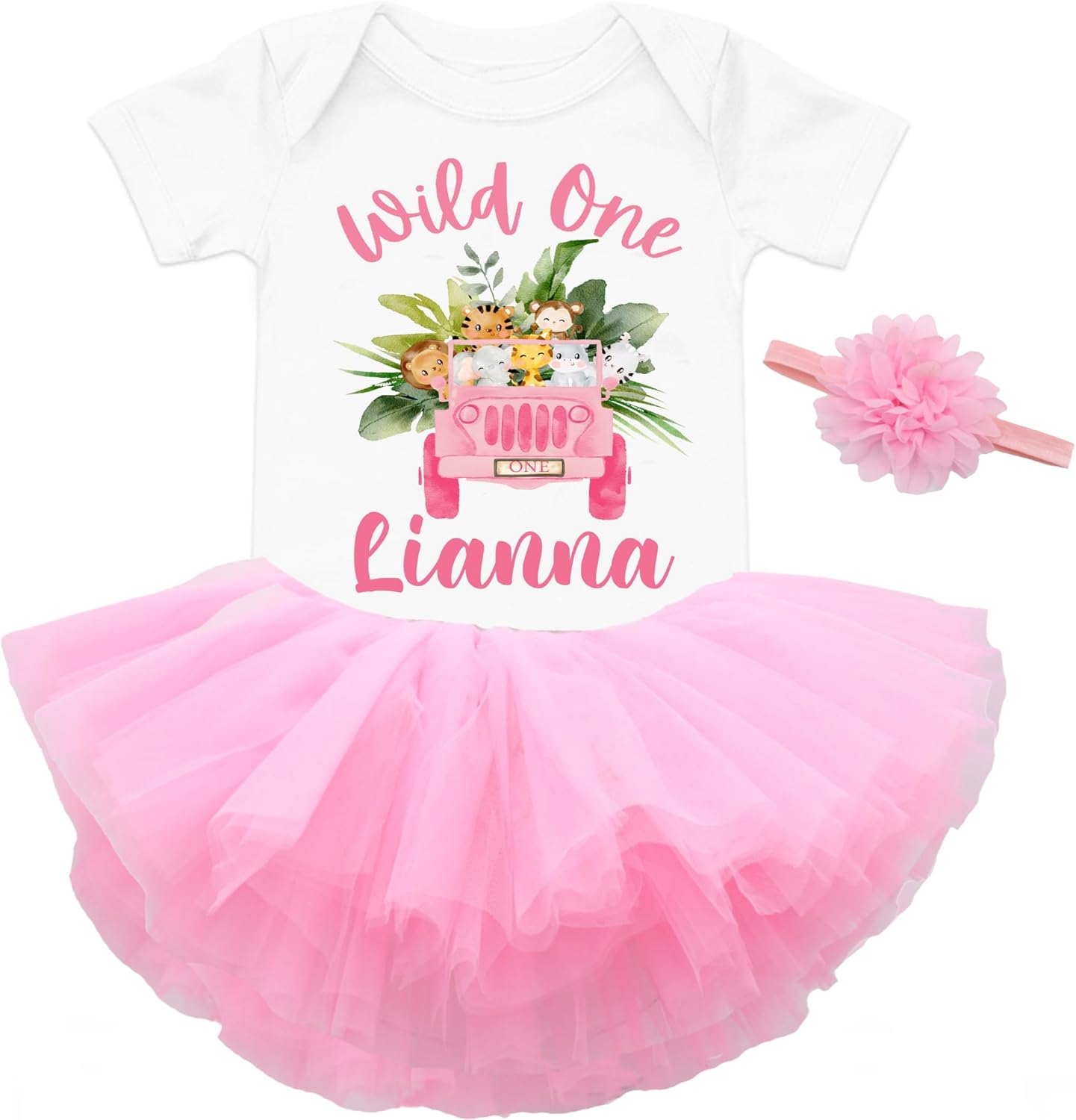 Wild One 1st Birthday Outfit Pink Tutu Skirt and Animal Safari Birthday Shirt with Baby Girl Headband, 3pcs Onesies Romper Toddler Outfit Girl 1st 2nd 3rd 4th Birthday dress