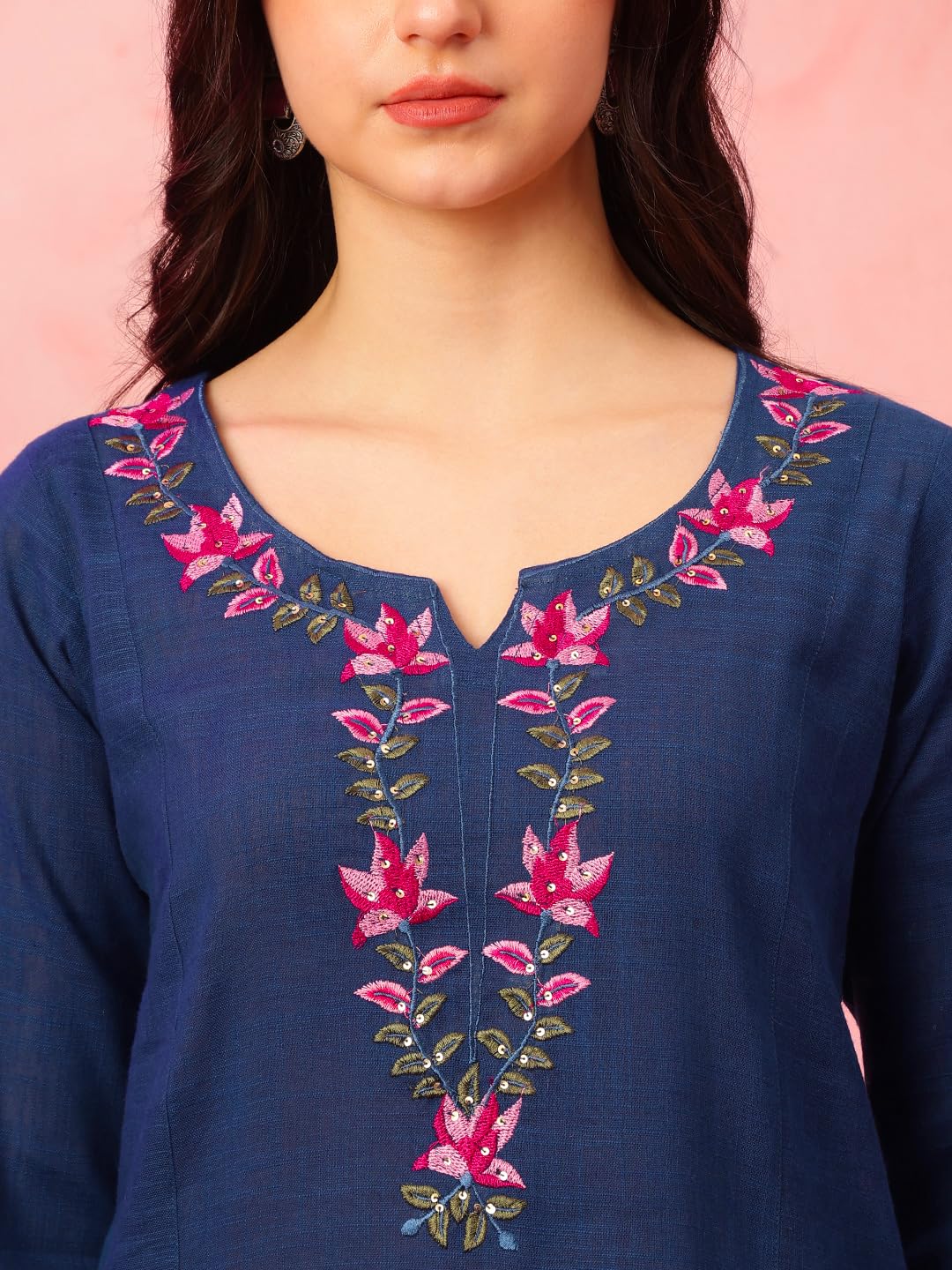 ETHNIFLAIR Women Blue Floral Embroidered Regular Aari Work Pure Cotton Kurta with Pant & Dupatta Set 4