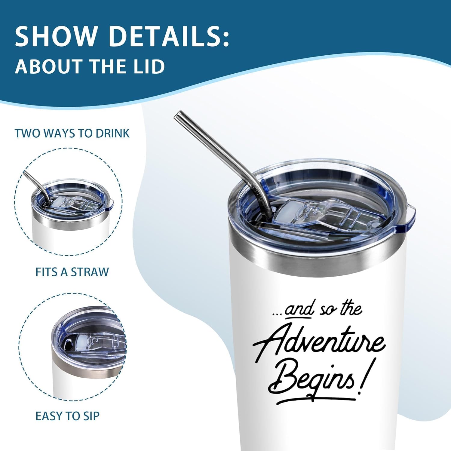 And So The Adventure Begins Tumbler, 20oz Inspirational Stainless Steel Insulated Travel Mug with Lid, Double Wall Coffee Cup, Congratulations Gift for Graduation, New Job, Farewell, Women, Coworkers - Image 5