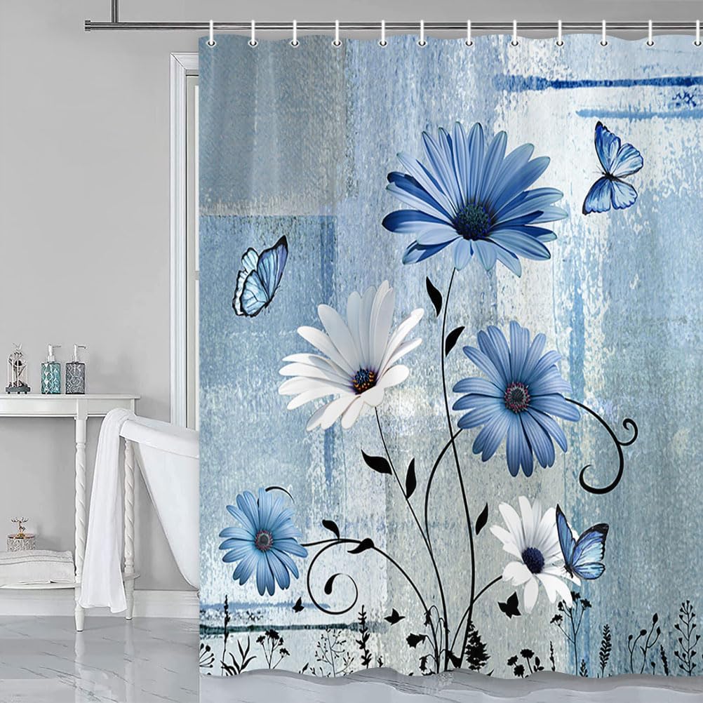 Rustic Floral Shower Curtain for Bathroom, Daisy Flowers Butterfly Vintage Blue Farm Style Shower Curtain Set, Polyester Fabric Farmhouse Bathroom Curtain Set with Hooks