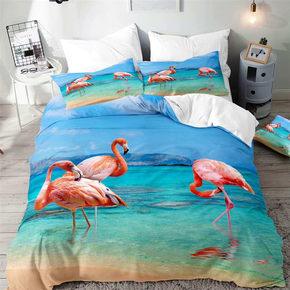 Morbuy Boys Tropical Island Flamingo Duvet Cover Set For Single Double Super King Size Bed, 3D Printed Microfiber Bedding Sets Duvet Set With Pillowcases And Quilt Case (,Single-135X200cm)
