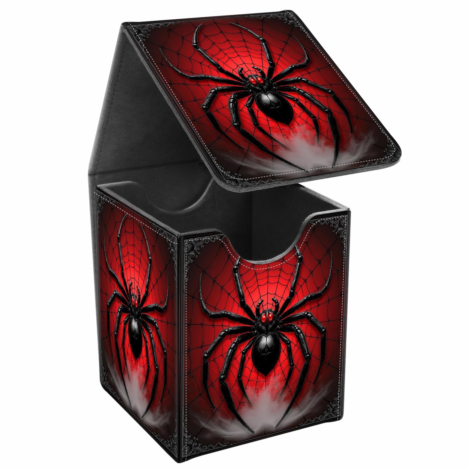 JANENFNA Card Deck Box, Card Storage Box Fits 100+ Single Sleeved Cards, Large Capacity PU Leather Card Storage Box with Strong Magnet for Magic Commander TCG/CCG, Spider