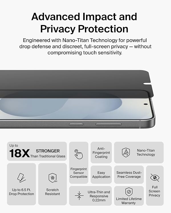 Belkin Titan SmartShield Privacy Filter Screen Protector for Samsung Galaxy S26, Scratch Resistant Impact Protection, Anti-Fingerprint, Ultra-Thin w/Easy Align Tray for Bubble Free Application by Belkin - Used condition - Image 3