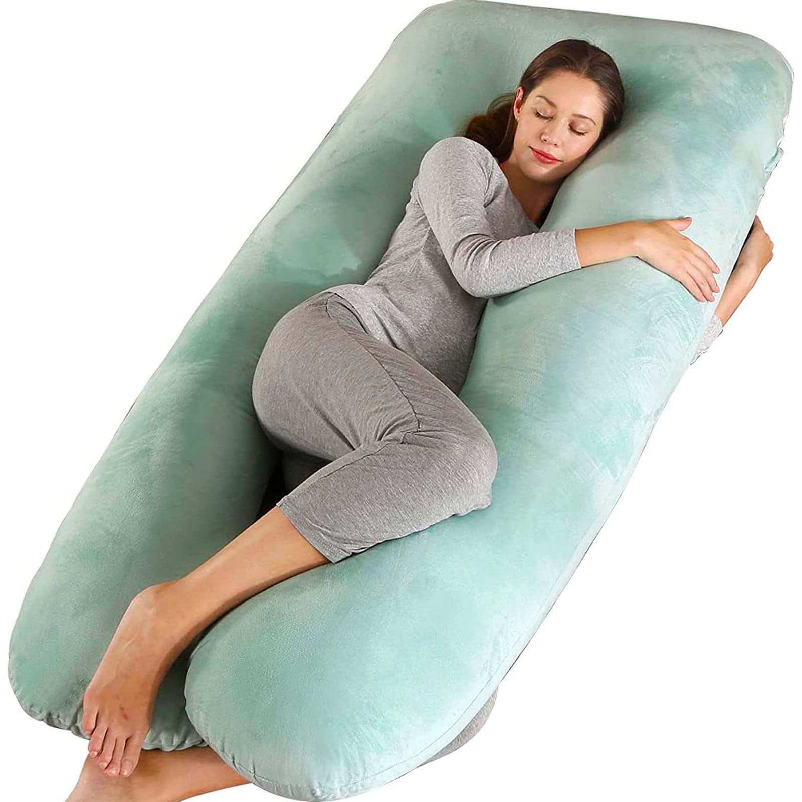 Amagoing Cuscino per gravidanza da 144,8 cm, per dormire, a forma di U, per donne incinte, con fianchi, gambe, schiena, supporto per la pancia, copertura in jersey lavabile inclusa (verde menta)
