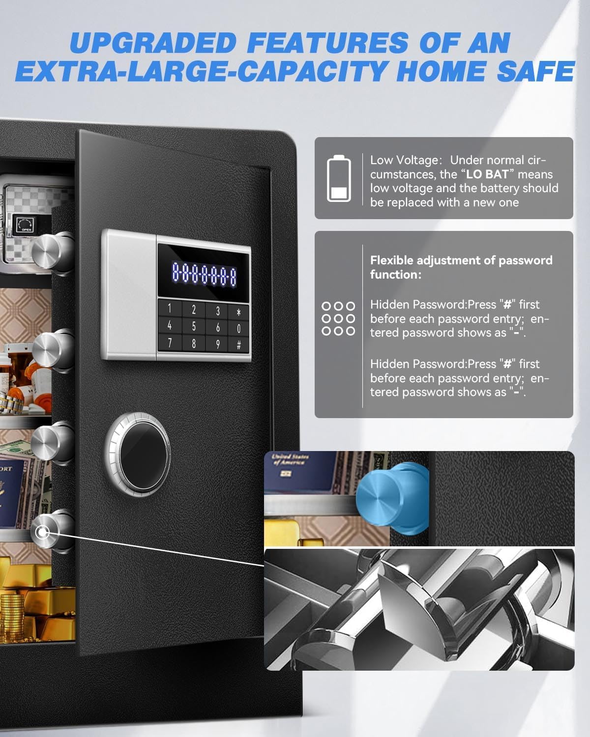 6.0 Cu Ft Super Large Fireproof Waterproof Safe Box for Office Document- HIDDEN LOCK BOX, Heavy Duty Steel Home Safety Box with Light, Dual Key System, Two Removable Shelf, Personal Combination Safe