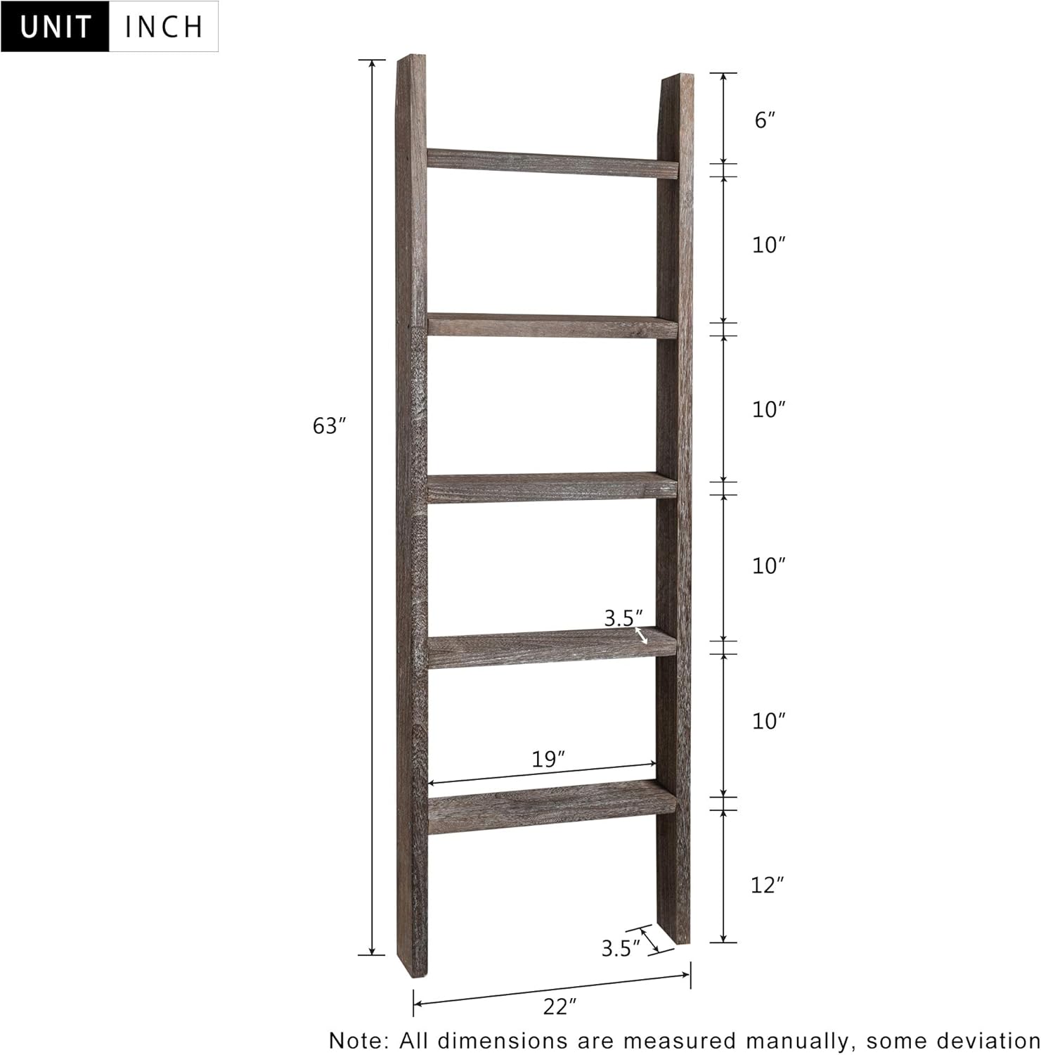 NeuType 5-Tier 63" x 22" Blanket Ladder Book Shelves Wood Blanket Ladders for The Living Room Vintage Walnut Bookshelf for Kids Bedroom Farmhouse