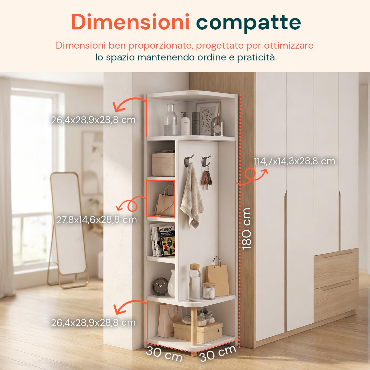 Avilia - Scaffale Angolare Bianco a 7 Livelli – Libreria Verticale Salvaspazio h 180 cm – Mobile ad Angolo con 2 Ganci Laterali Appendiabiti – Struttura Robusta per Soggiorno, Bagno e Ingresso – 30x30