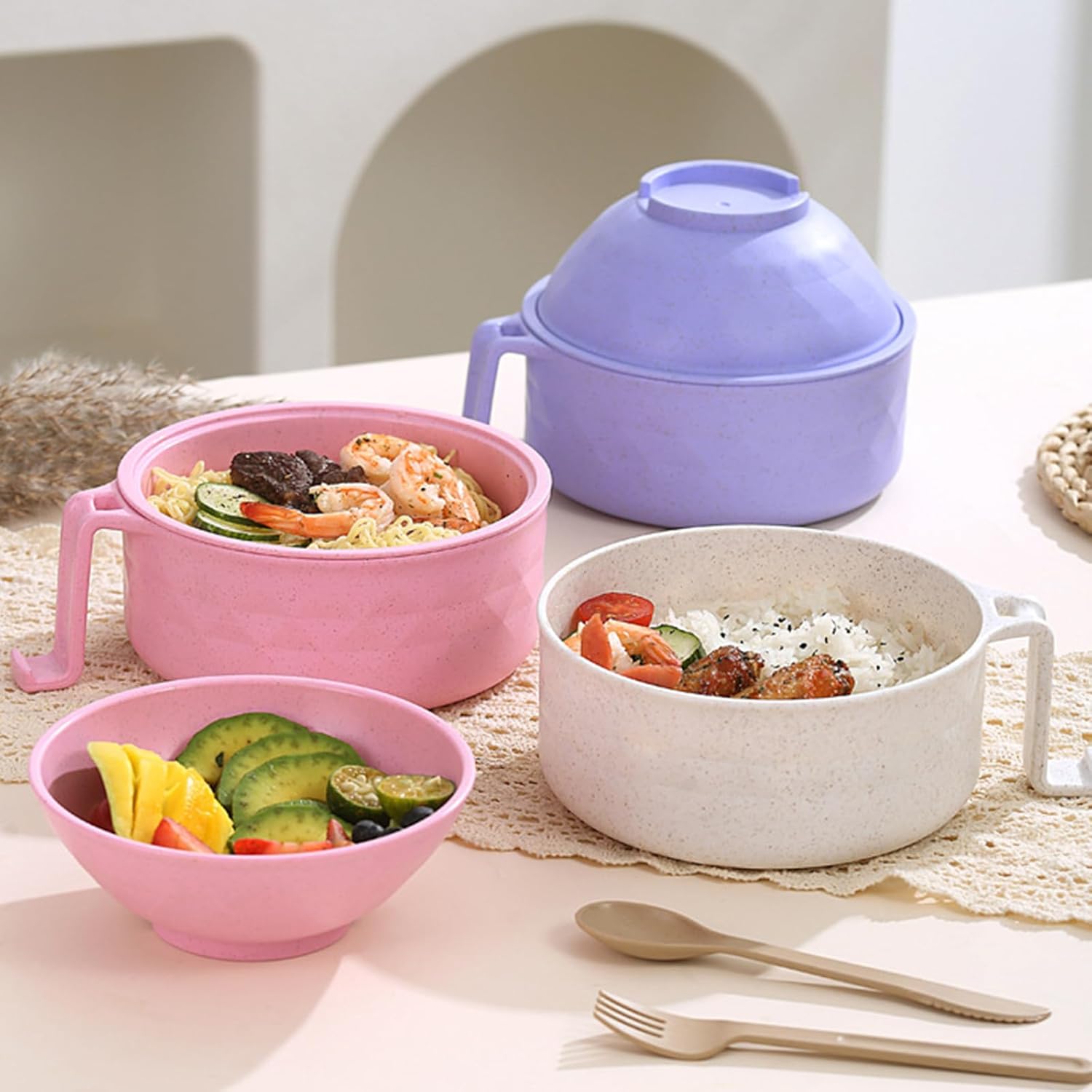 2 Pack Microwave Ramen Bowl,Ramen Bowl Set,Ramen Bowl With Chopsticks and Spoon, College Dorm Room Essentials for Girls for Boys, Apartment Essentials, BPA-Free(Pink Purple)