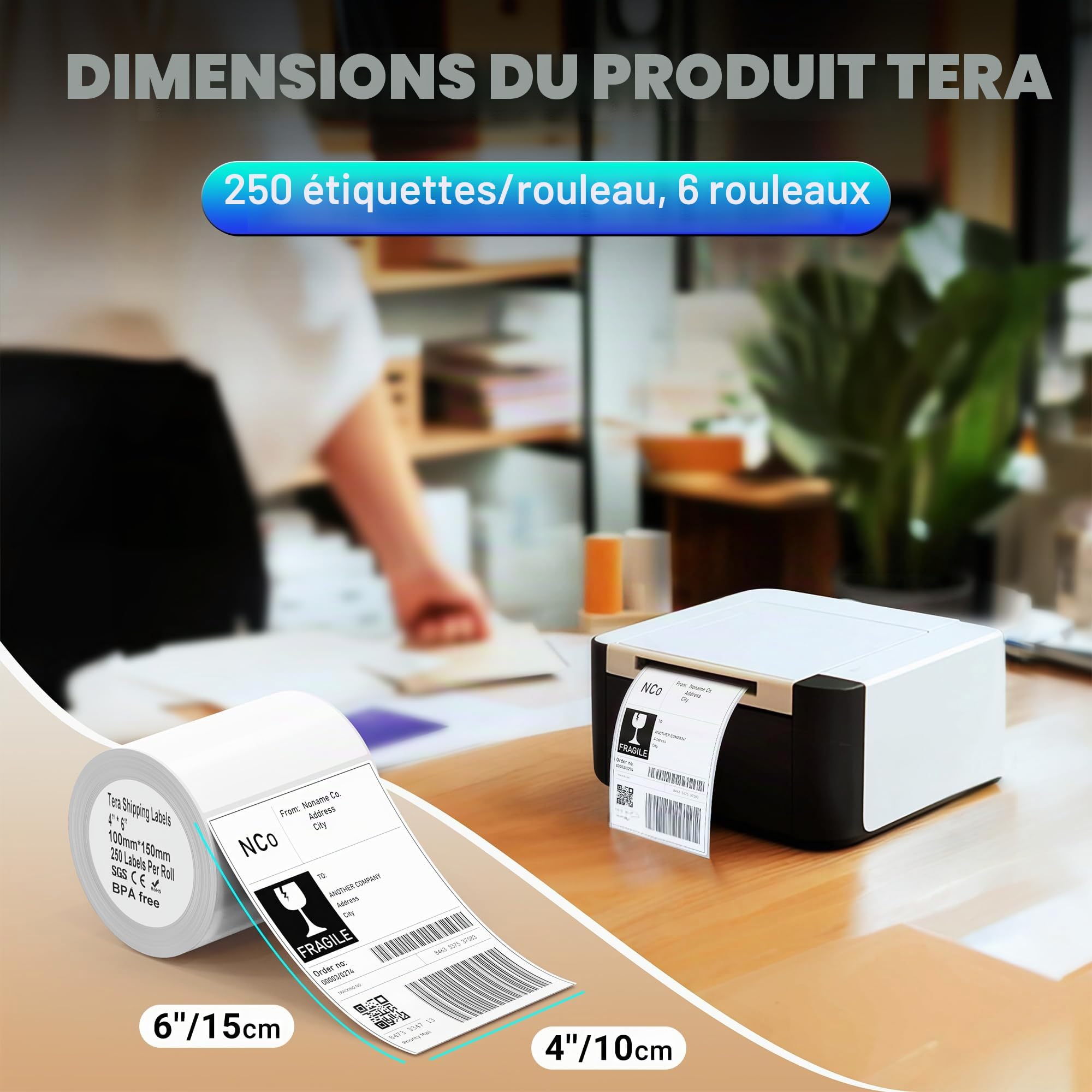 Tera Étiquettes D'expédition Thermique 100mm x 150mm (250 étiquettes/rouleau, 6 rouleaux) pour Diverses Imprimantes Etiquettes D'impression Claires sans BPA Etiquettes D'adresse Adhésives