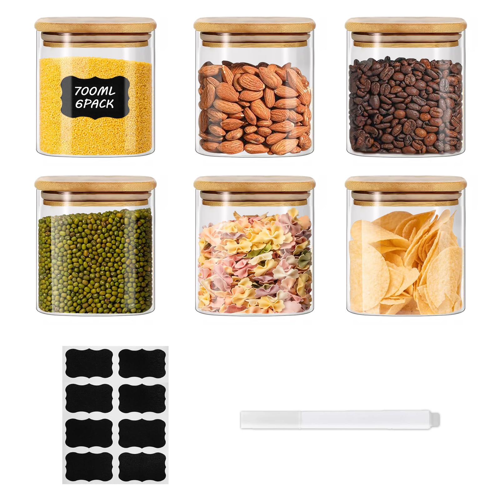 Zhouzglass Glass Food Storage Jars Set Of 6, Square Containers With Bamboo Lids, Pantry Organization Jar, Spice, Tea, Coffee And Sugar Container, Small Canister Set For Kitchen (700Ml*6)