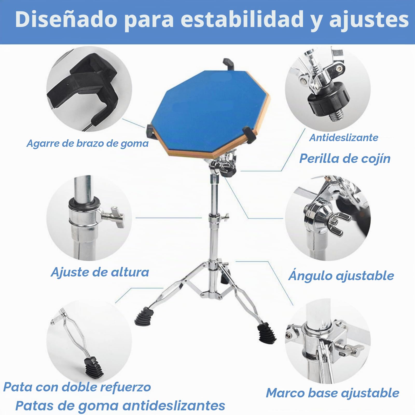 Youeon Soporte de tambor con soporte para baquetas, ligero y doble refuerzo, adecuado para cajas de 10 a 14 pulgadas, altura ajustable de 14,5 a 23 pulgadas, para principiantes