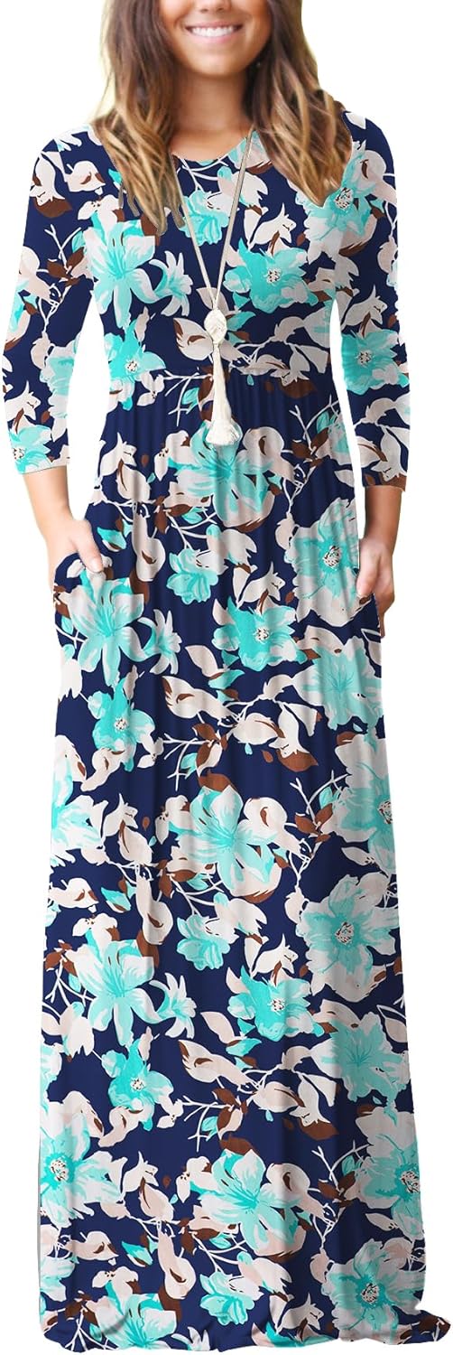 GRECERELLE Women Long Sleeve Casual Round Neck Loose Solid Floral Maxi Long Dress with Pockets, S-3XL