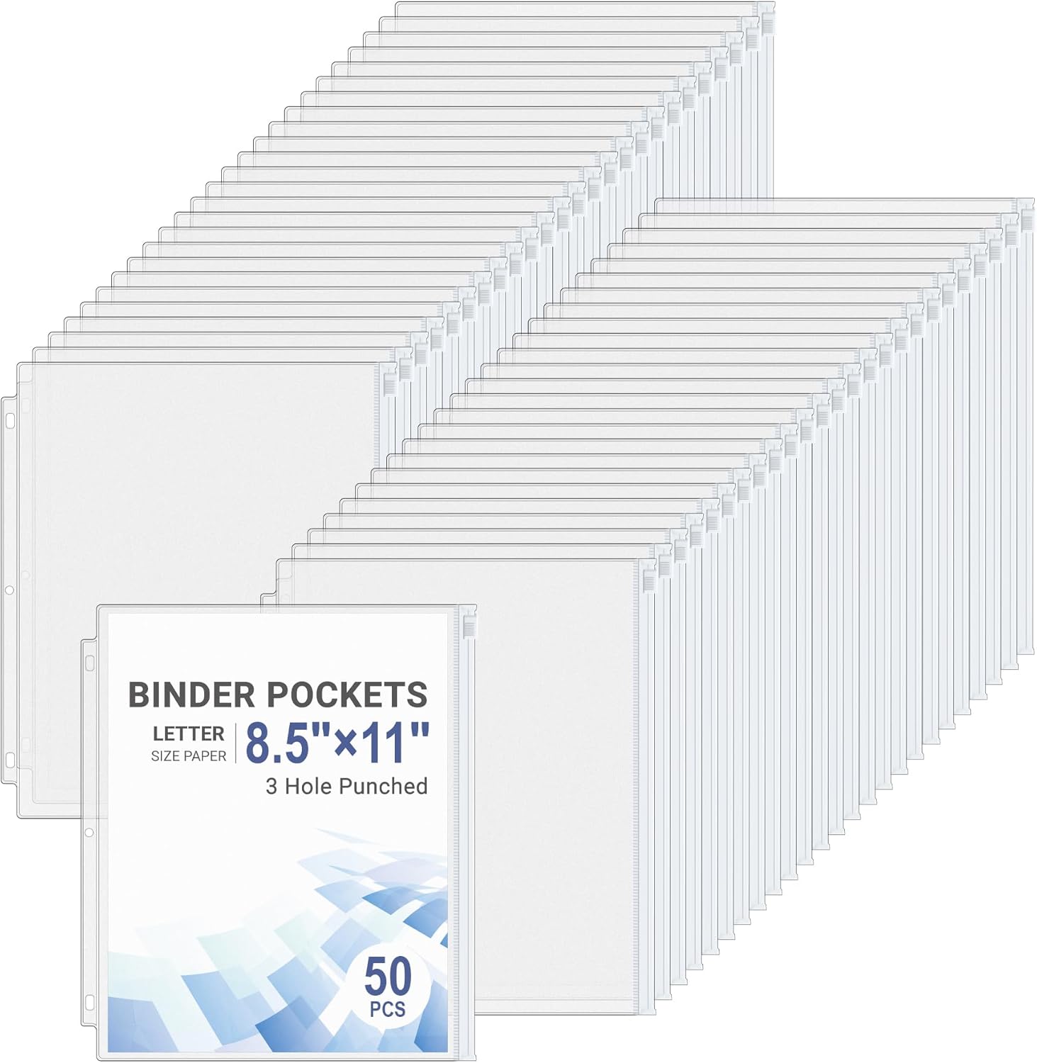 Antner 50pcs Letter Size Binder Pockets for 3 Ring Binder, White Zipper Document Organizer Pouches Heavyweight PVC 3-Hole Loose Leaf File Folders Page Sheet Protectors Side-Loading for Home Office