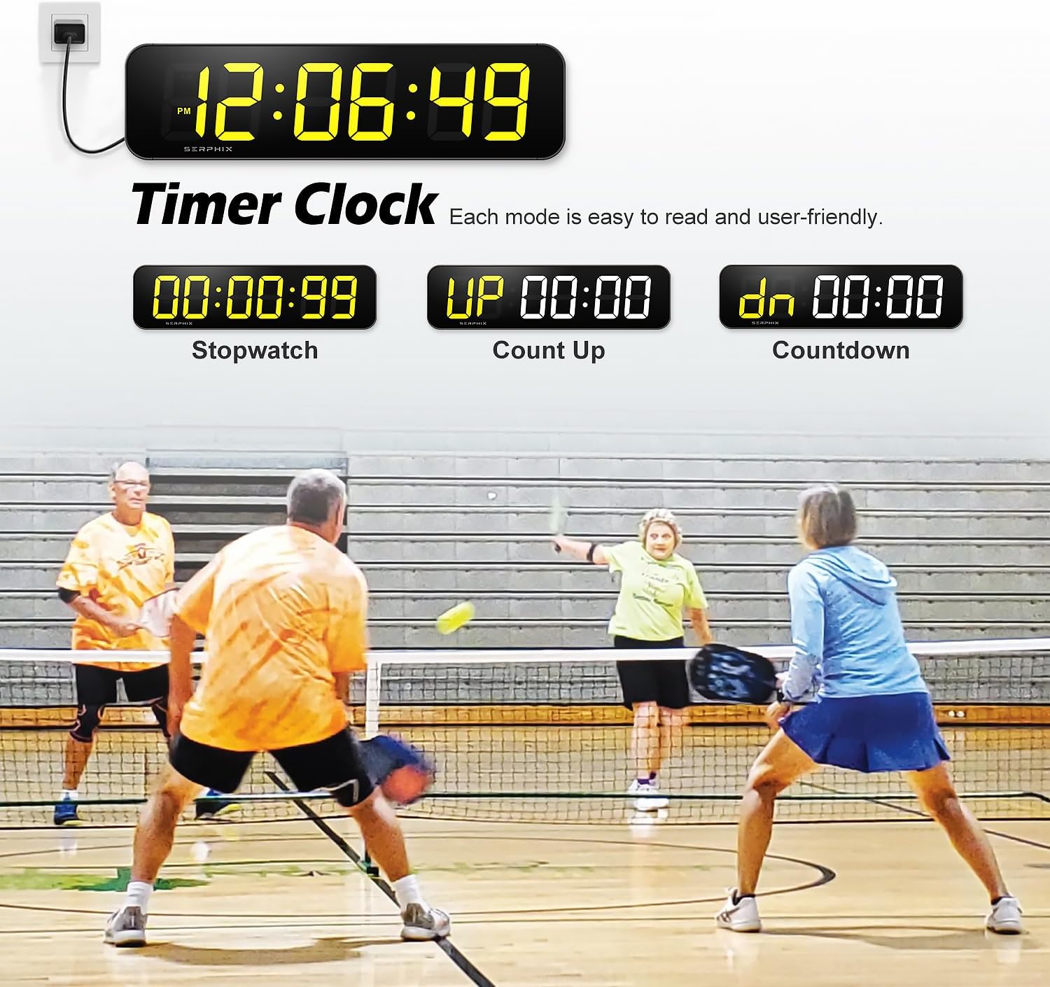 Scoreboard displaying current time, stopwatch, count-up, and countdown functions.