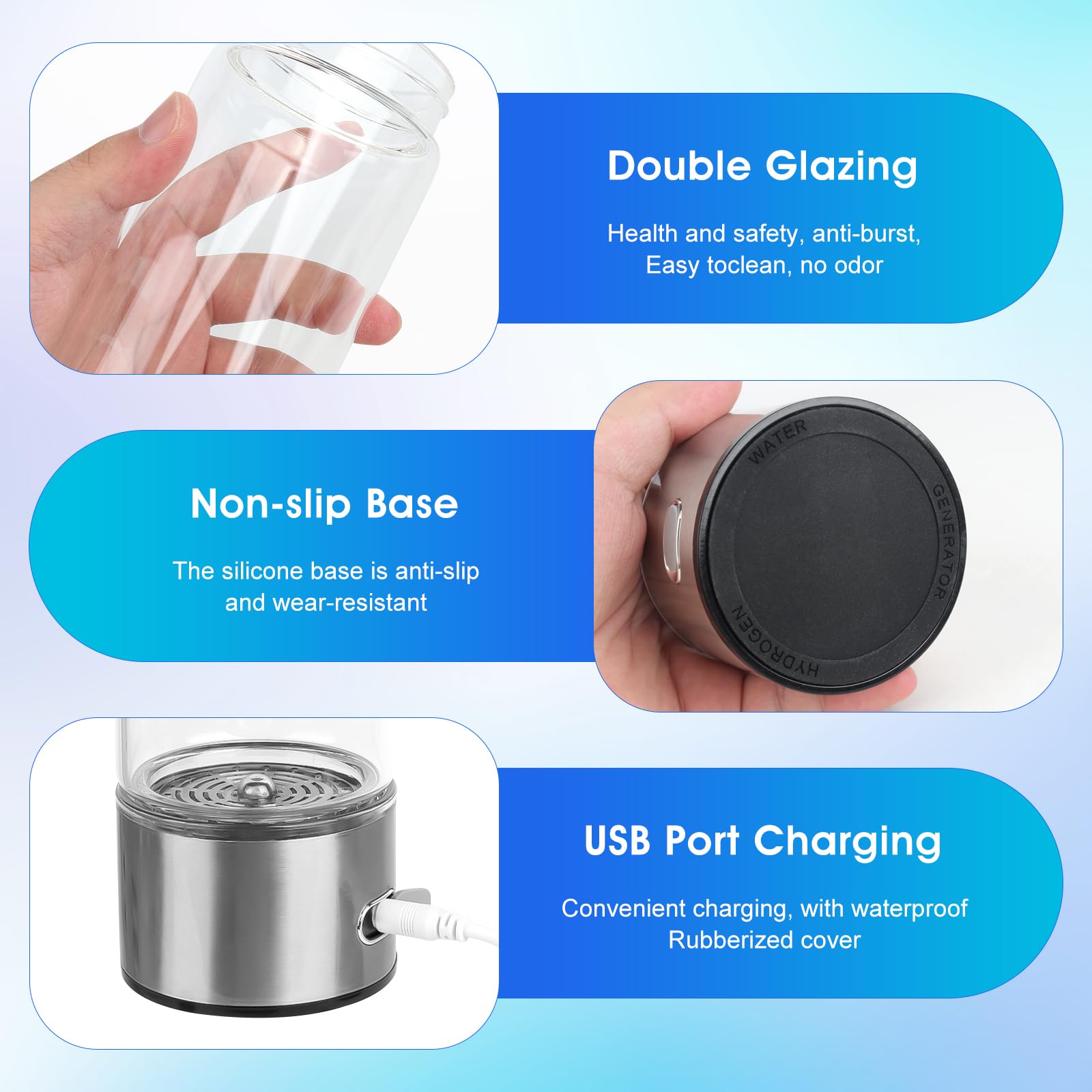 Bouteille à Eau Hydrogène, 420ML Générateur D'hydrogène, ioniseur Portable Reiches, USB Bouteille d'eau Sans Fil, générateur d'eau à eau Pem Technologie pour les voyages à domicile