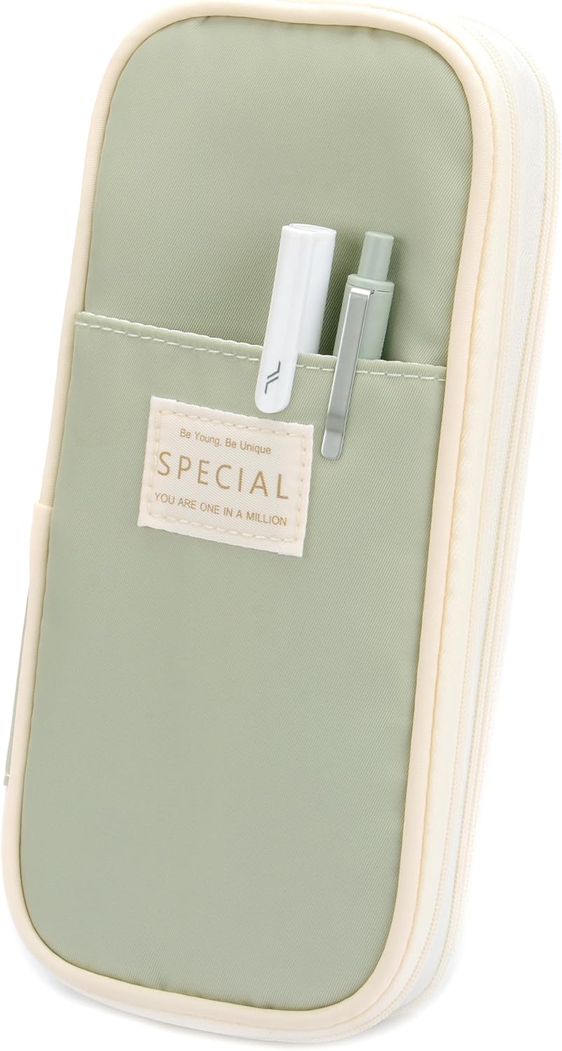 Large Capacity Big Special Cute Aesthetic Preppy Canvas Pencil Case Organizer Holder Pouch Bag with Zipper Compartments, Pen Cases for Women Girls School Adults (Green)