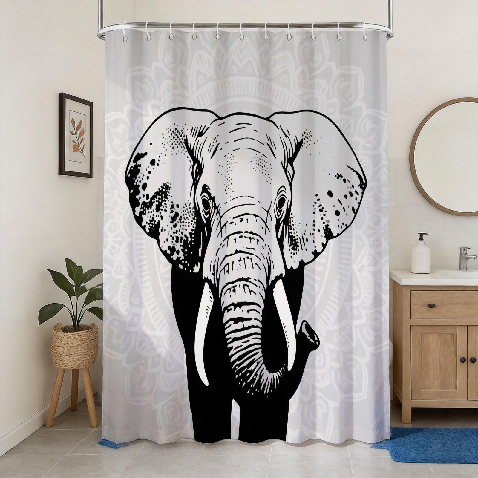 Hongduo 3D Black White Elephant Shower Curtain for Stalls Bathtubs Mandala Bathroom Decor Shower Curtain Set Polyester Fabric Waterproof 180x180cm/71X71 Inch with Hooks
